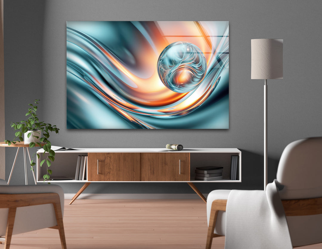 Aqua Ember Orb – Abstract Chrome Wave Glass Wall Art