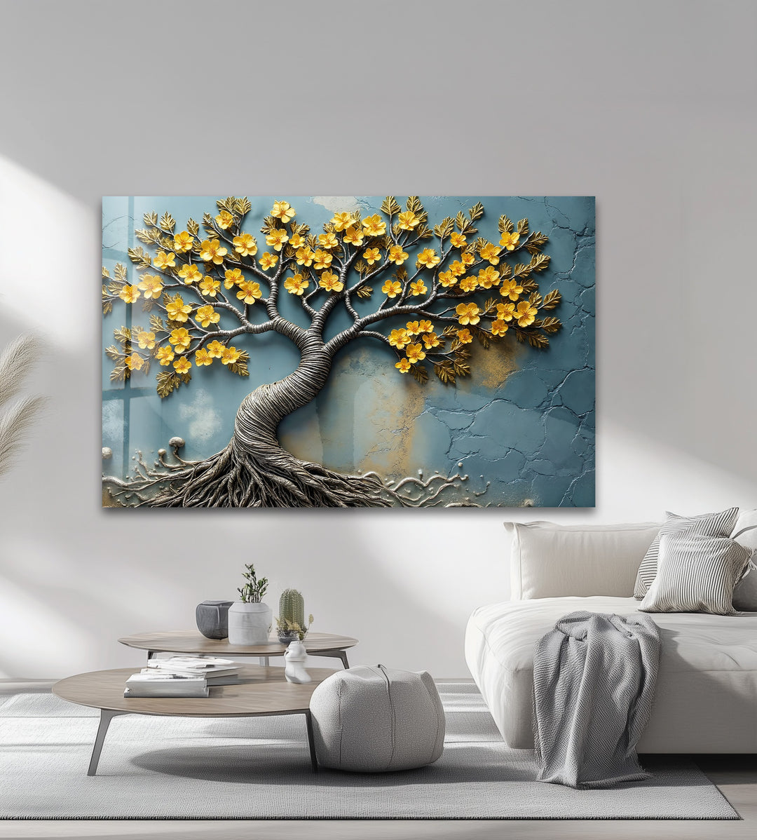 Golden Blossom Roots – Textured Floral Tree Glass Wall Art