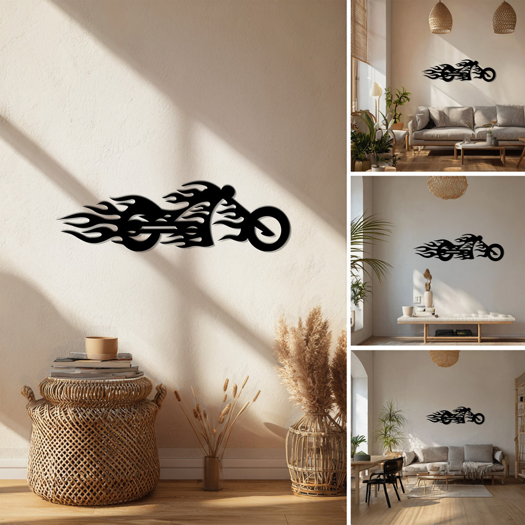 Sunlight casts dramatic light and shadow on the wall behind this unique metal wall art depicting a flaming motorcycle, adding depth to the speed-inspired modern decor.