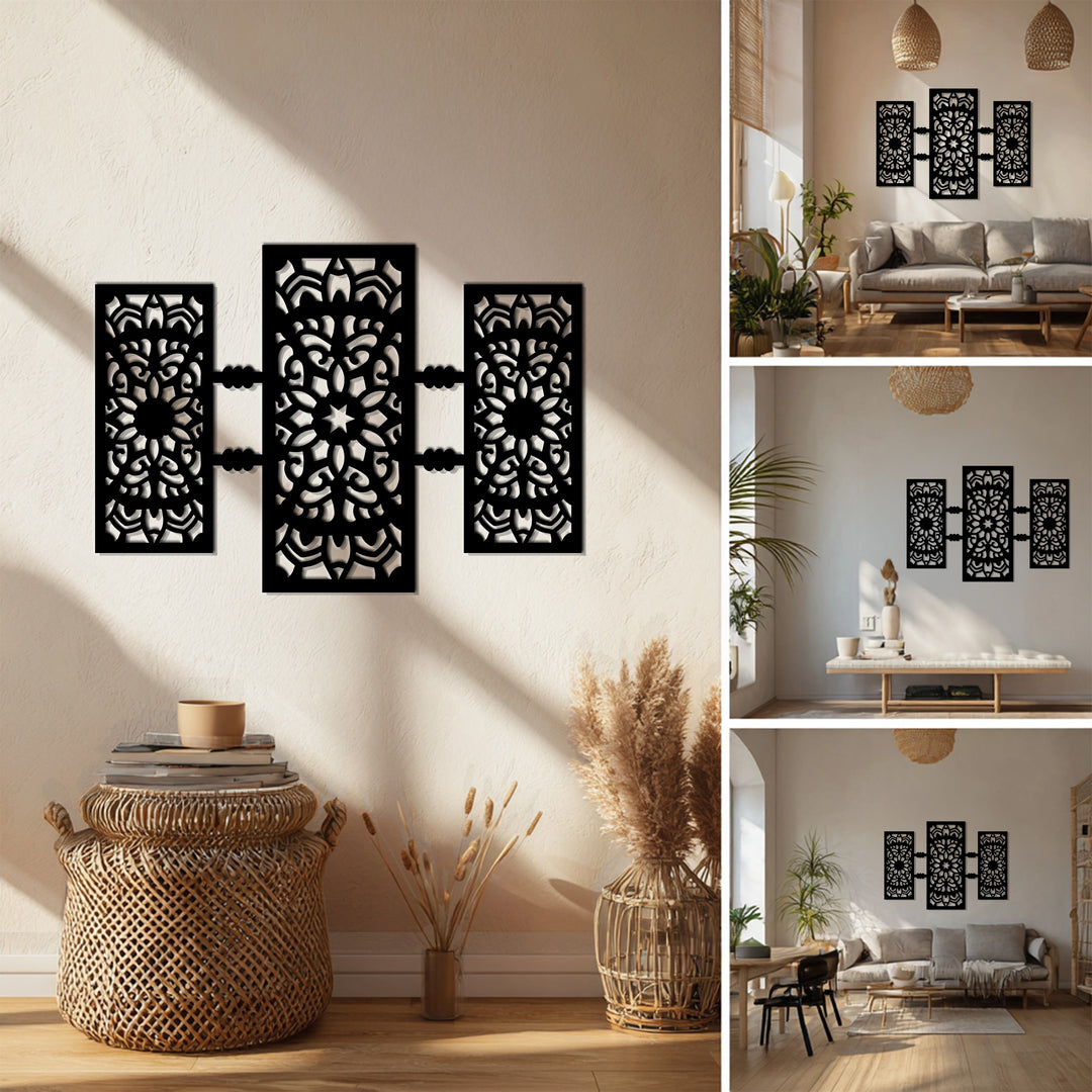 تناغم الأرابيسك – تصميم هندسي ثلاثي الأجزاء فن جداري معدني