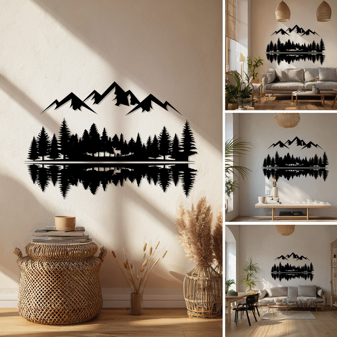 Rustic Mountain Forest Metal Wall Art – Nature Reflection Decor
