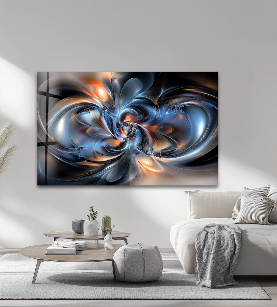Cosmic Helix Radiance – Abstract Blue & Ember Swirl Glass Wall Art