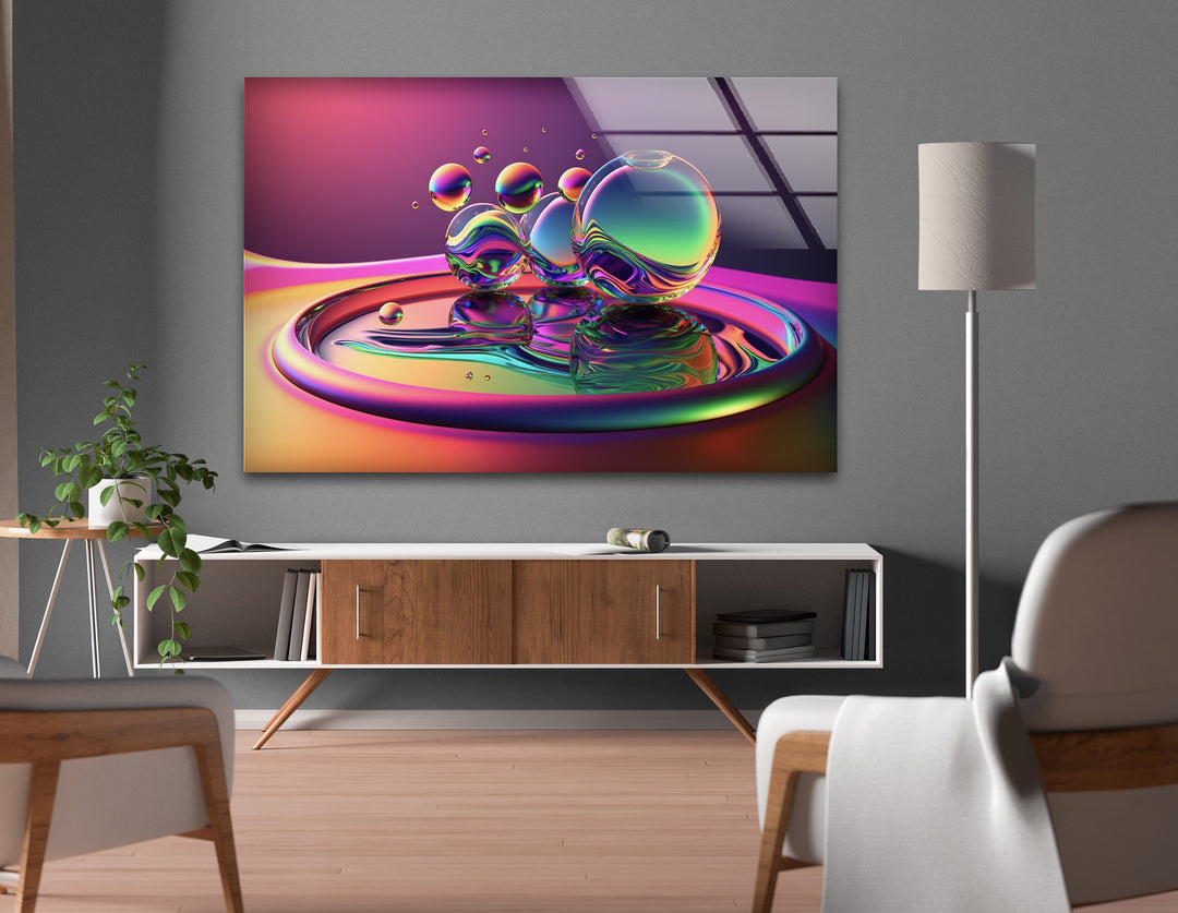 Luminous Orb Cascade – Neon Chromatic Sphere Sculpture Glass Wall Art