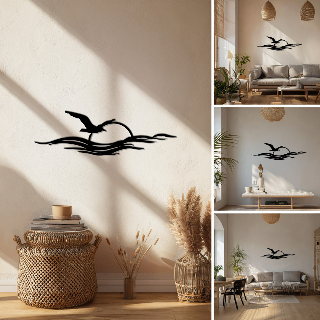 Flying Seagull Sunset Metal Wall Art – Coastal Minimalist Décor