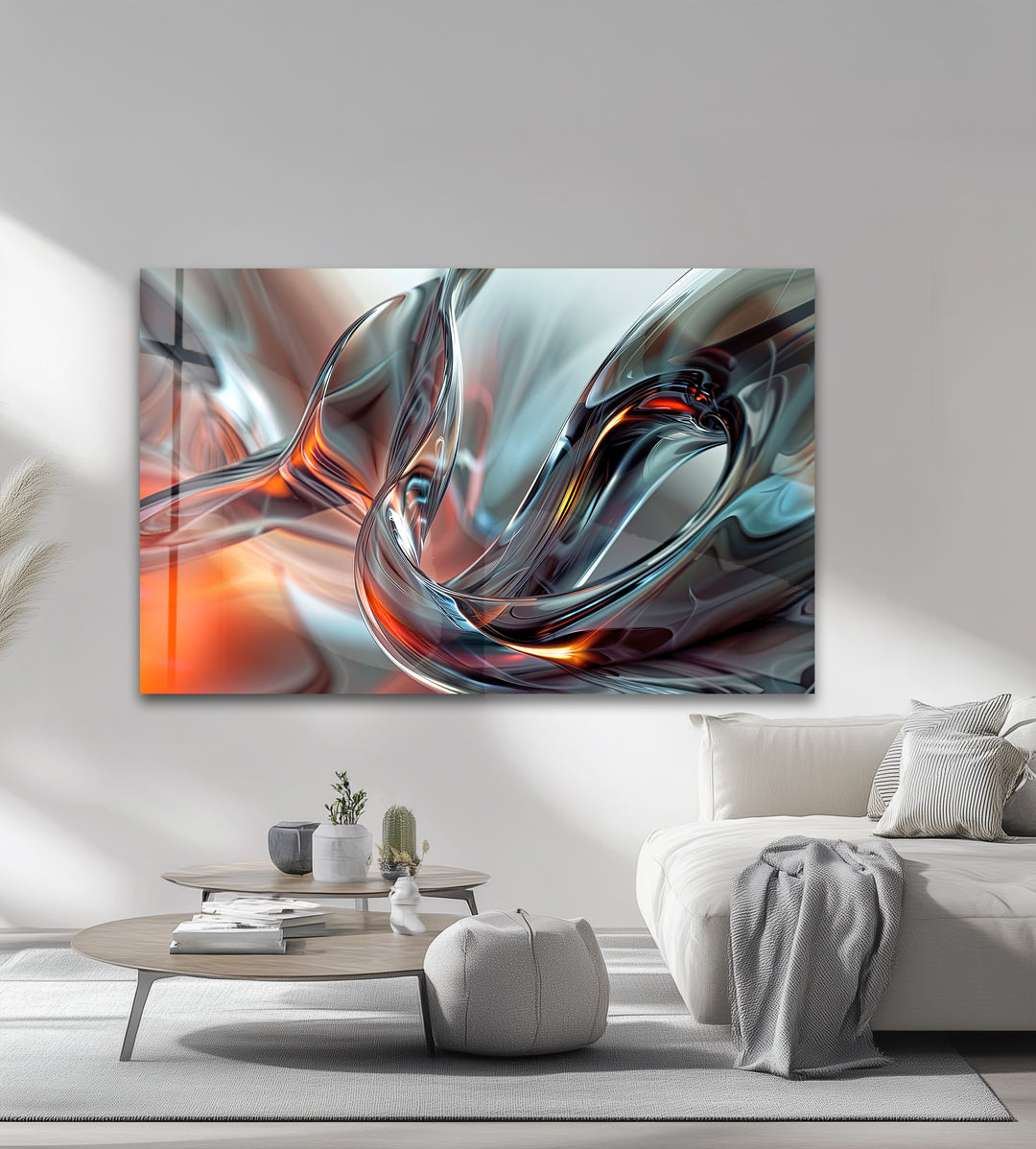 Emberwave Crystal Motion – Abstract Chrome & Fire Glass Wall Art