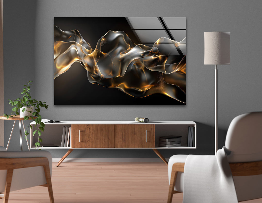 Golden Ember Veil – Abstract Smoke Wave Glass Wall Art
