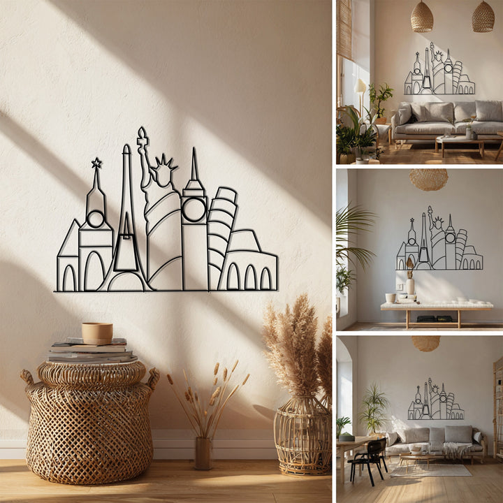 Black global landmarks metal wall decoration