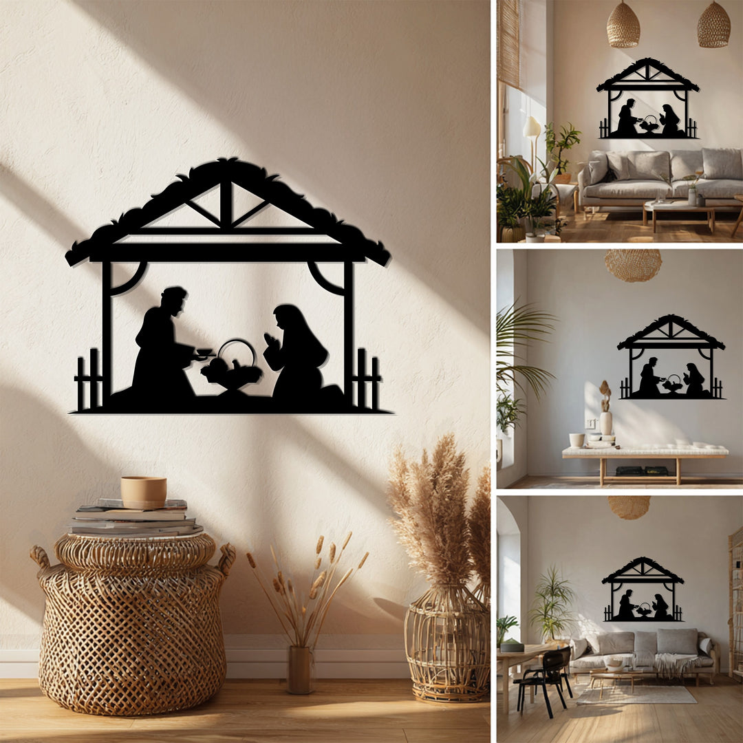 العائلة المقدسة في الإسطبل – مشهد ميلاد المسيح فن جداري معدني