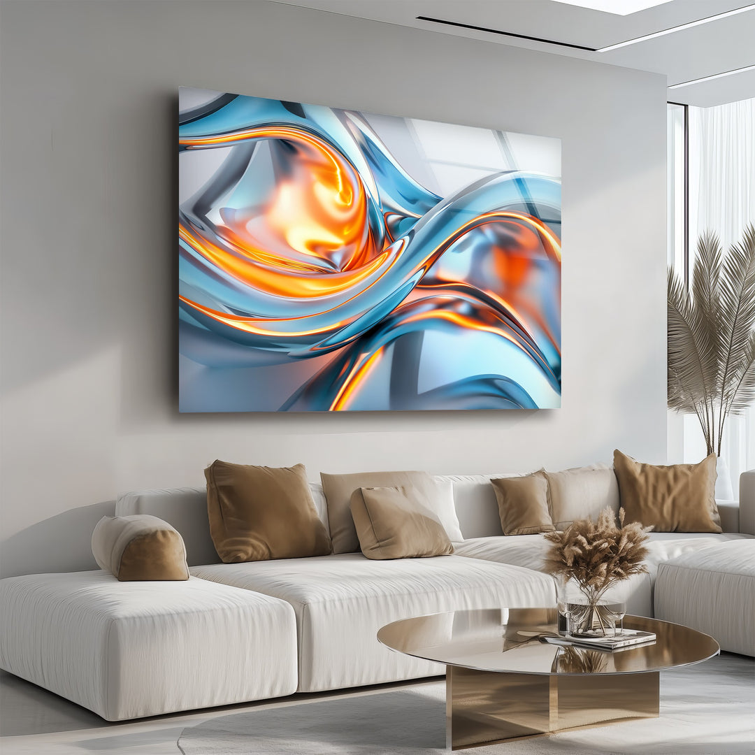 Solar Frost Fusion – Abstract Blue & Orange Chrome Glass Wall Art