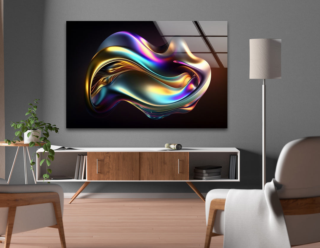 Aurora Chrome Wave – Iridescent Metallic Flow Glass Wall Art