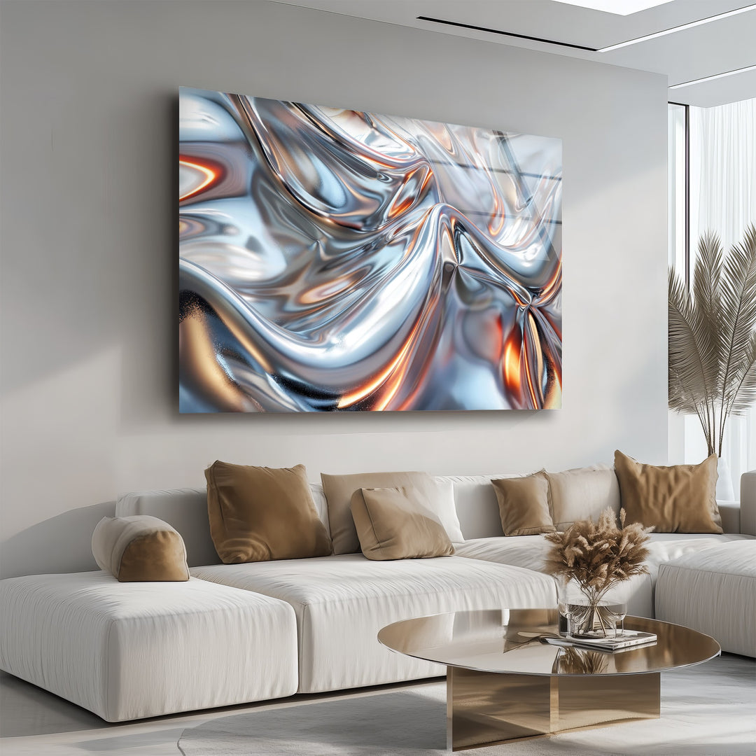 Luminous Steel Drift – Abstract Chrome Silver Glass Wall Art