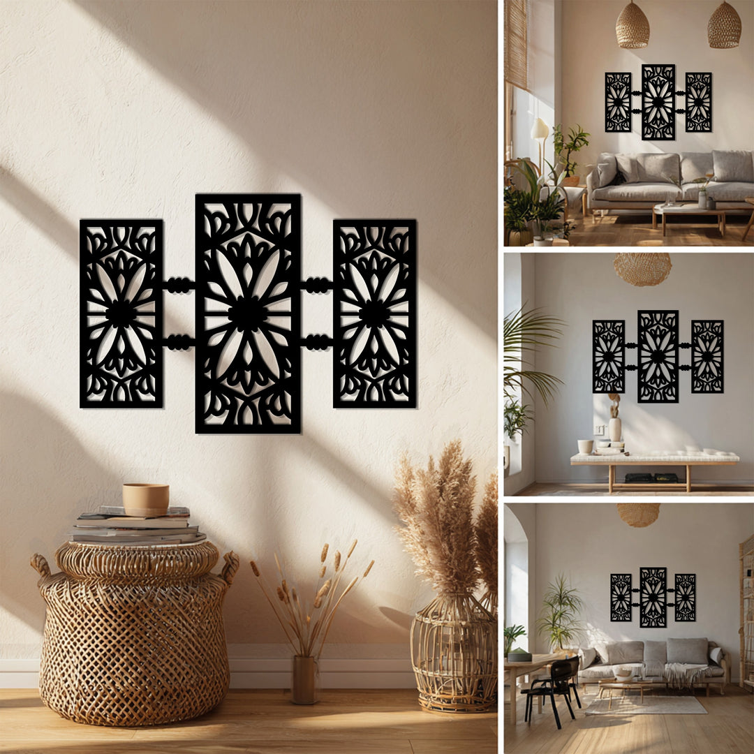 تصميم هندسي زهري - تصميم عصري بثلاثة ألواح فن جداري معدني
