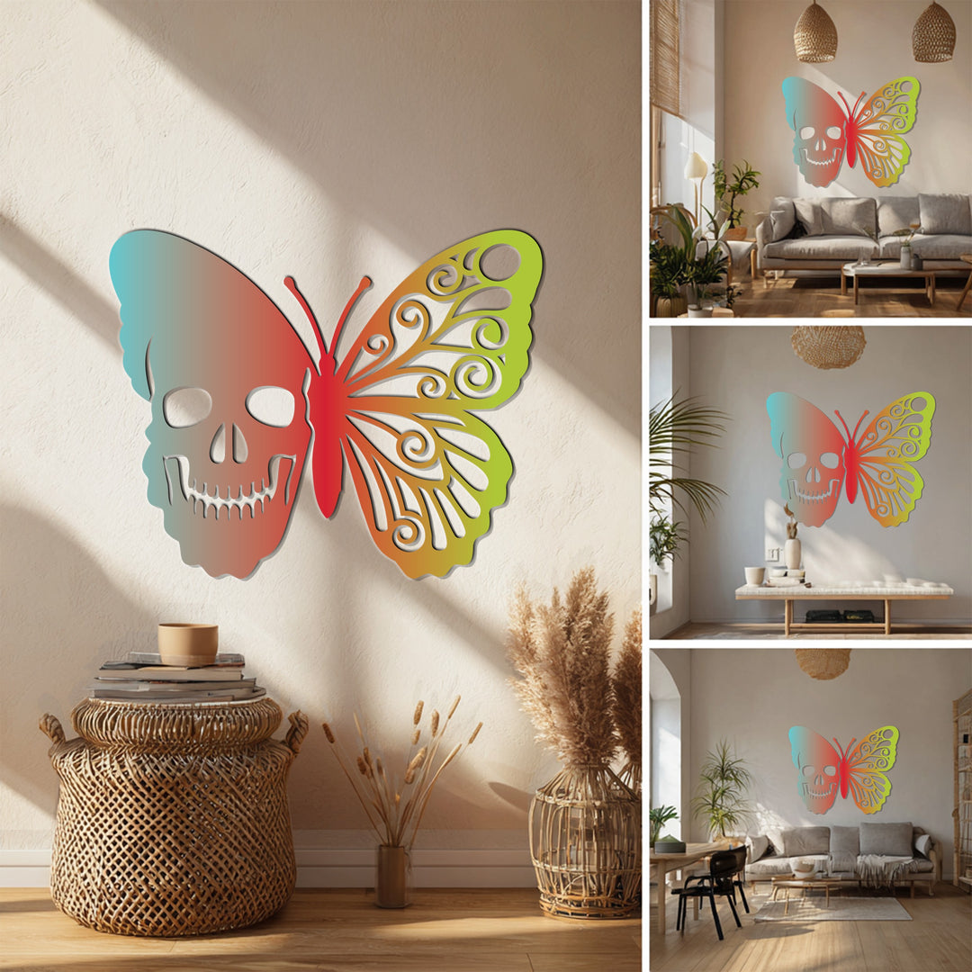 Ethereal Duality Skull Butterfly Metal Wall Art – Colorful Symbolic Design