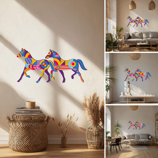 Amidst the stillness, colorful geometric horses are rendered as unique metal wall art, lending a captivating pause to modern animal-inspired home decor.