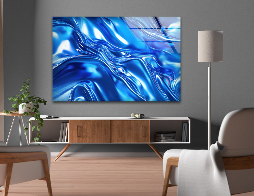 Cobalt Fluid Mirage – Abstract Blue Chrome Glass Wall Art
