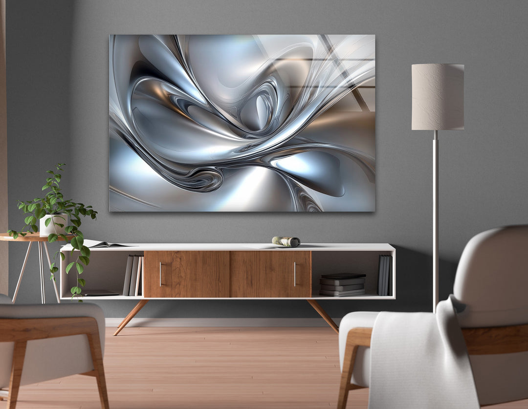 Polar Chrome Drift – Abstract Silver Fluid Glass Wall Art