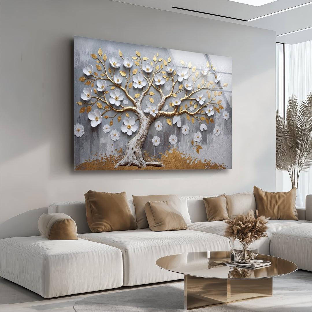 Golden Blossom Tree – Elegant Floral Relief Glass Wall Art