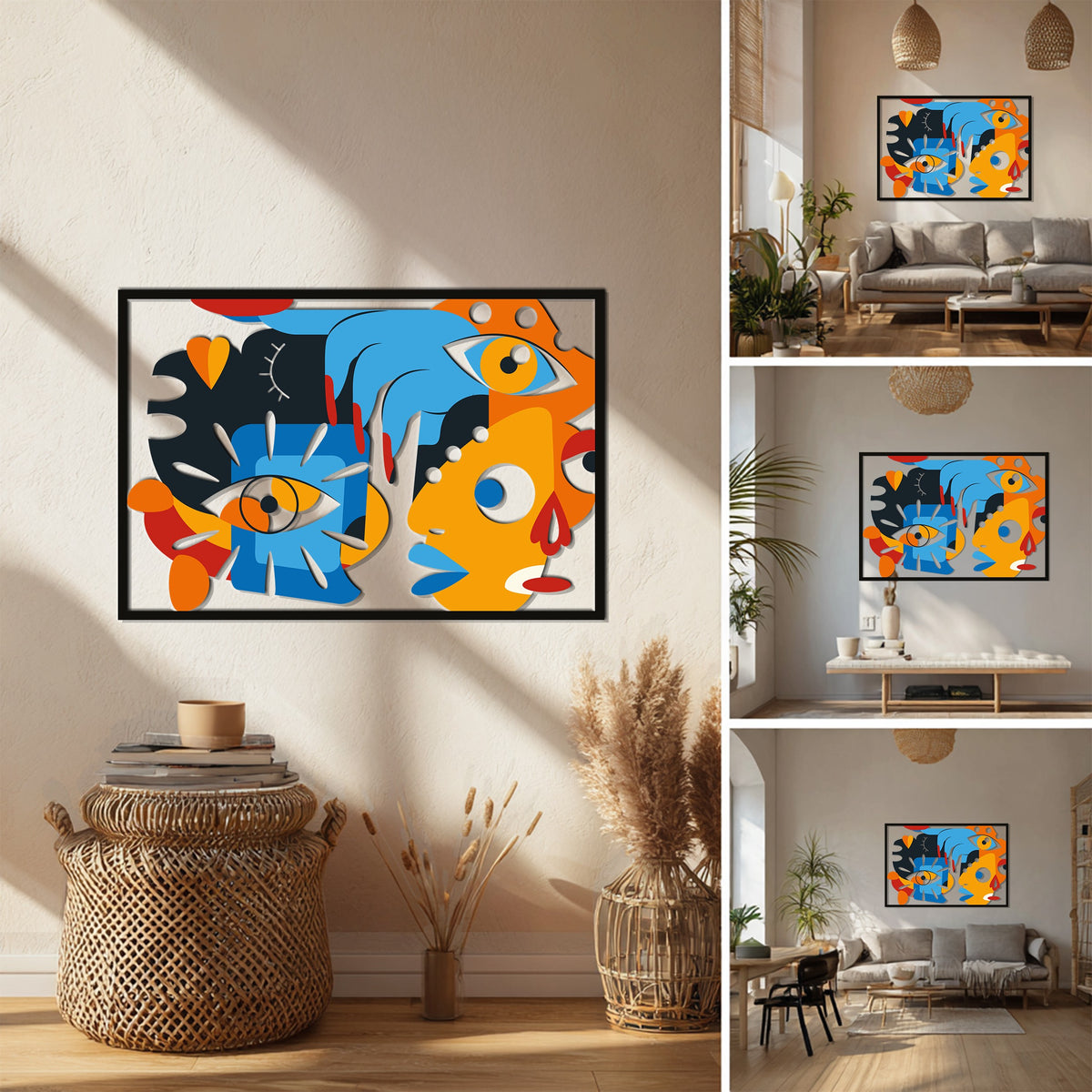 Emphasizing the layering effect, this metal art for wall presents fragmented faces in a cubist composition with bold colors and dynamic, overlapping shapes.