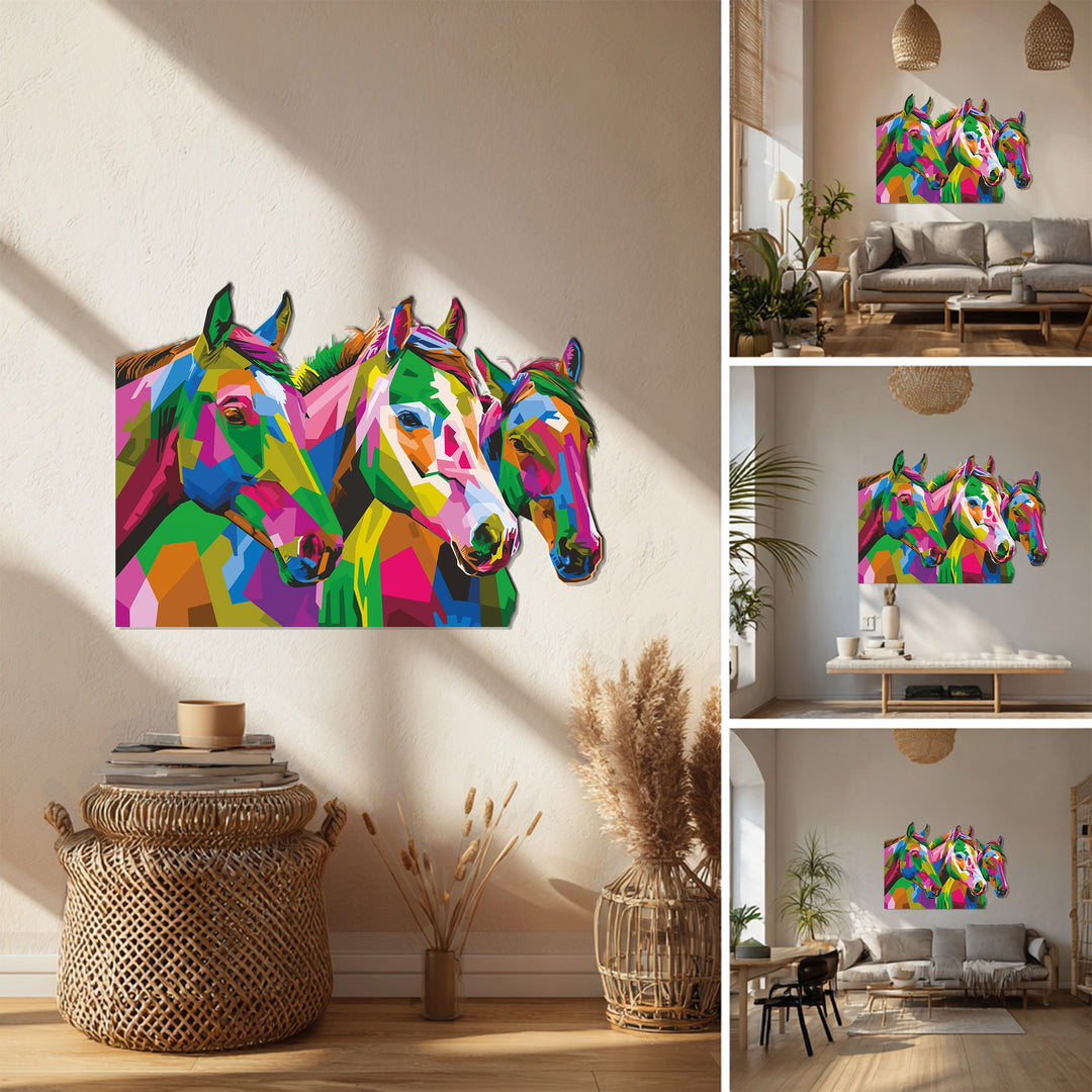 Trio of Horses Metal Wall Art – Vibrant Abstract Animal Wall Decor