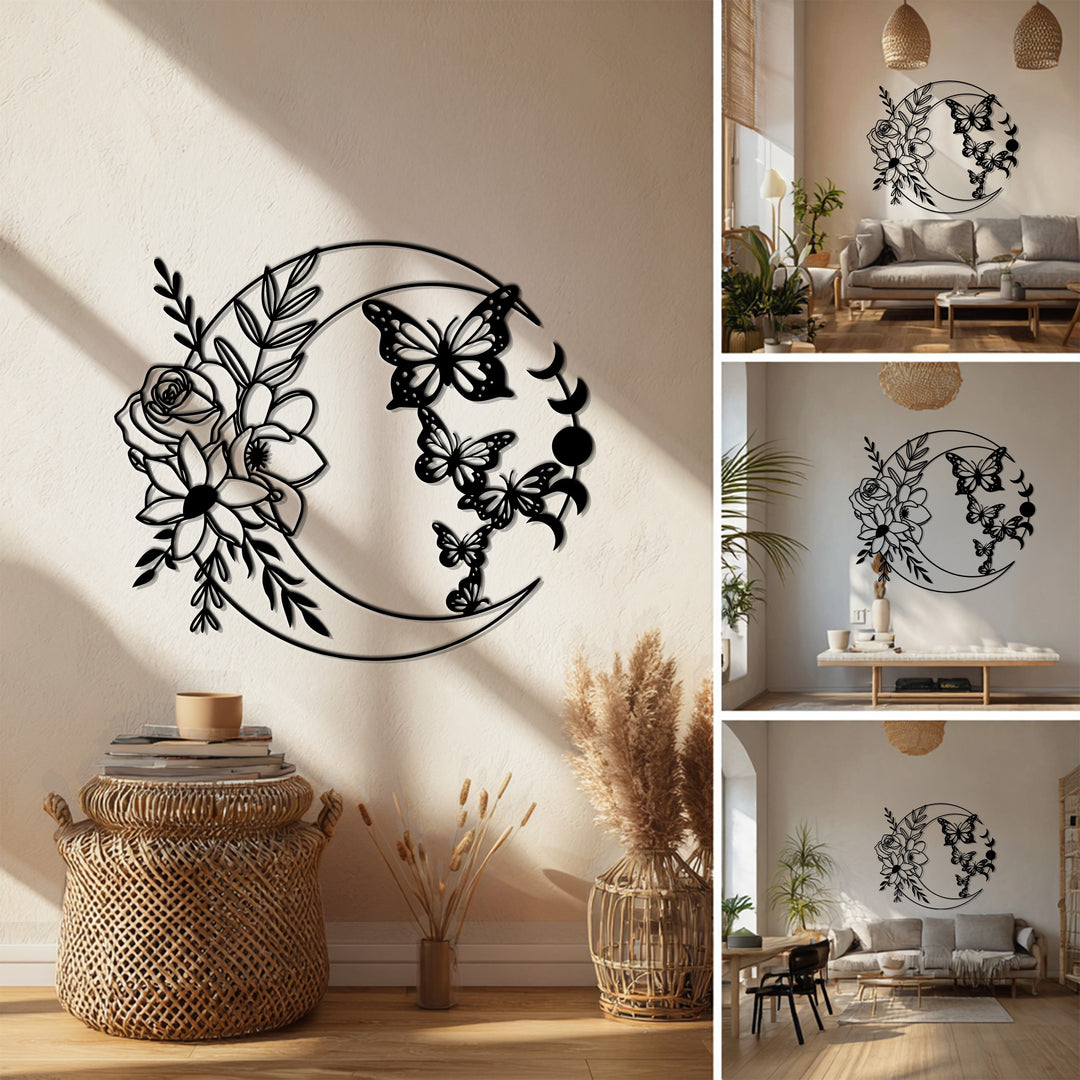 Celestial Harmony – Moon and Butterfly Metal Wall Art
