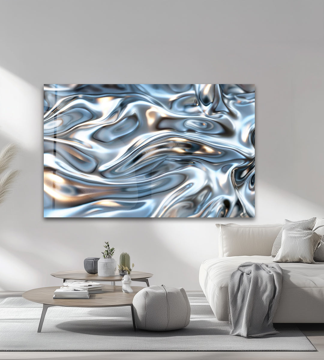 Molten Silver Drift – Abstract Metallic Fluid Glass Wall Art