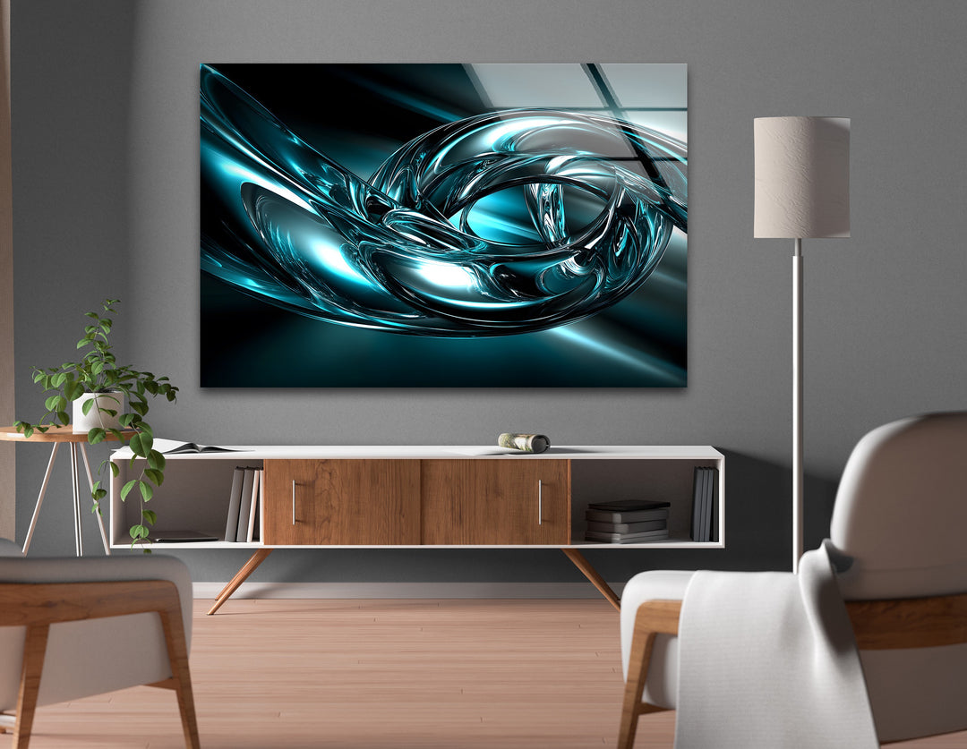 Aqua Vortex Chrome – Abstract Teal Metallic Motion Glass Wall Art