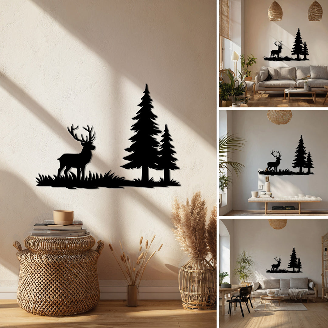 Lone Stag in Forest Metal Wall Art – Rustic Nature Design