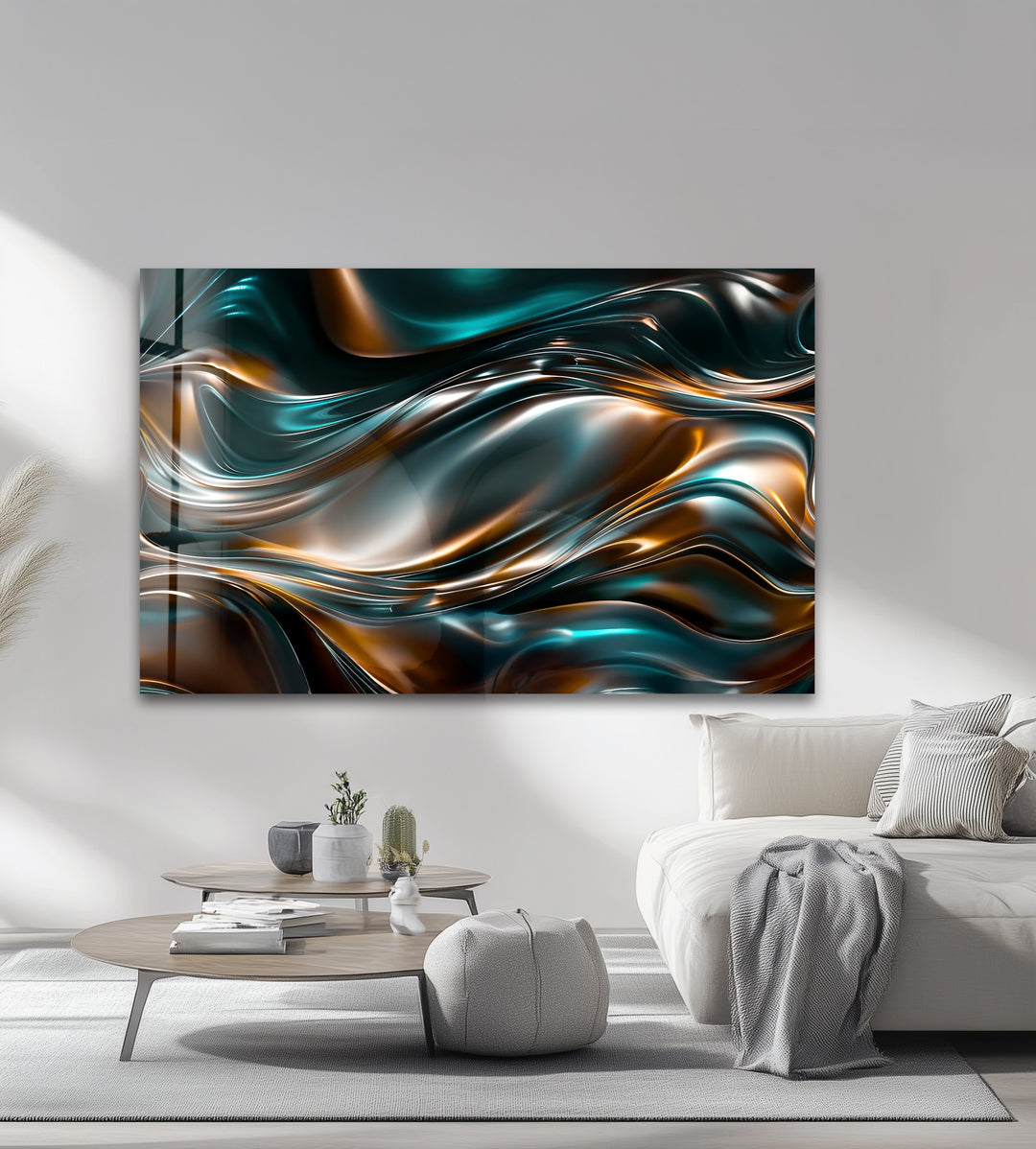 Obsidian Copper Drift – Abstract Metallic Wave Glass Wall Art
