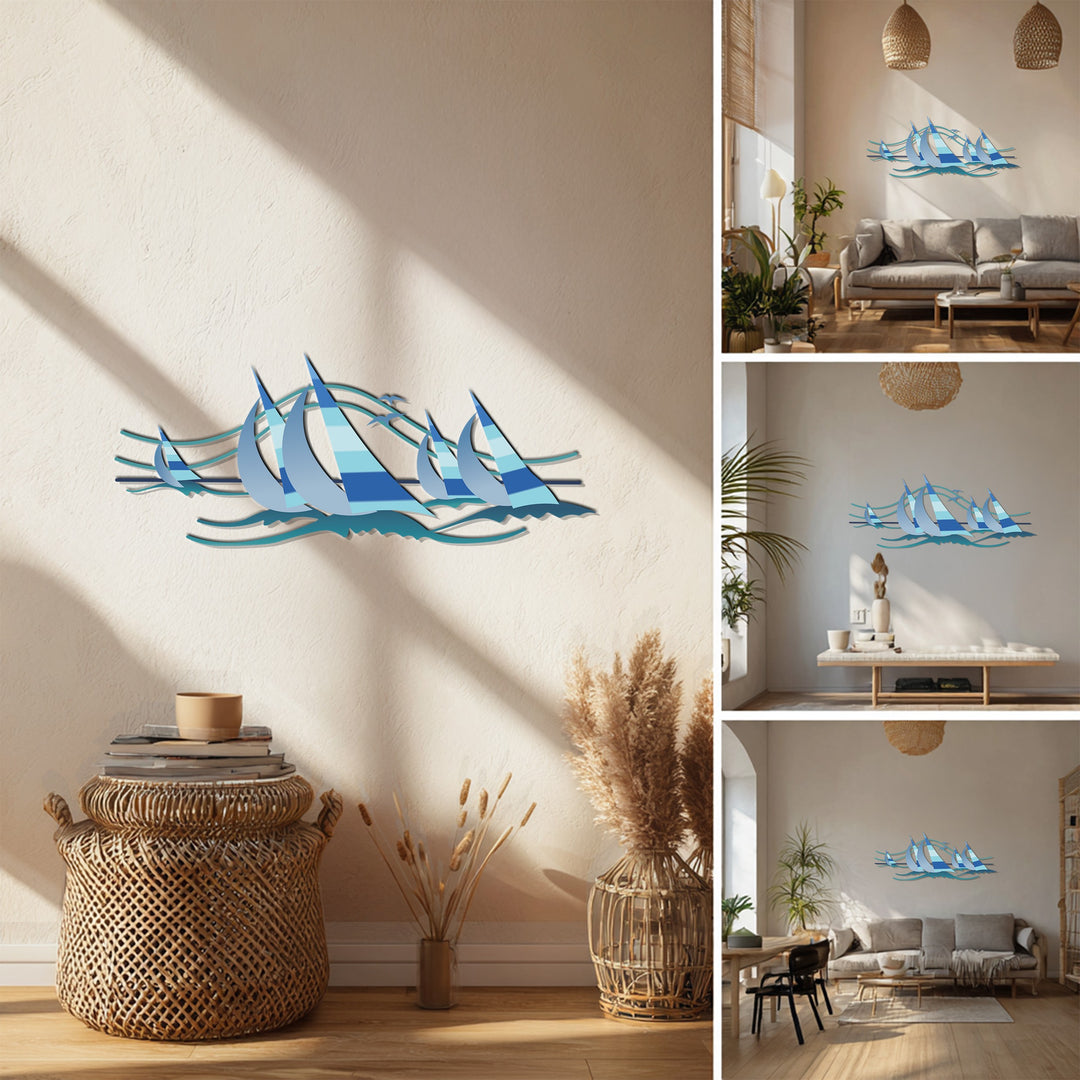 Sailing Harmony Metal Wall Art – Modern Blue Nautical Decor