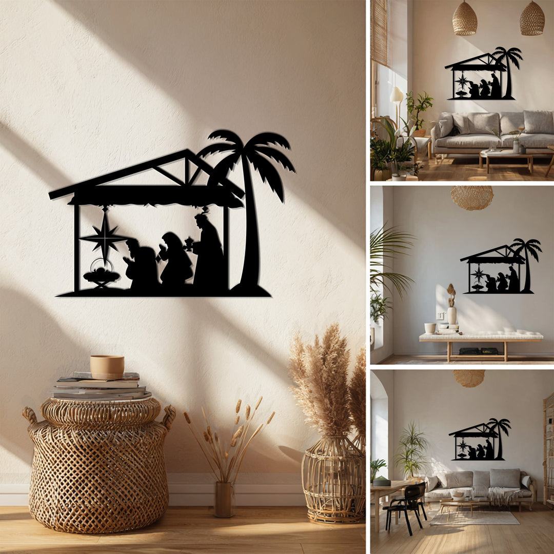 Holy Family silhouette metal art featuring Mary, Joseph, and baby Jesus