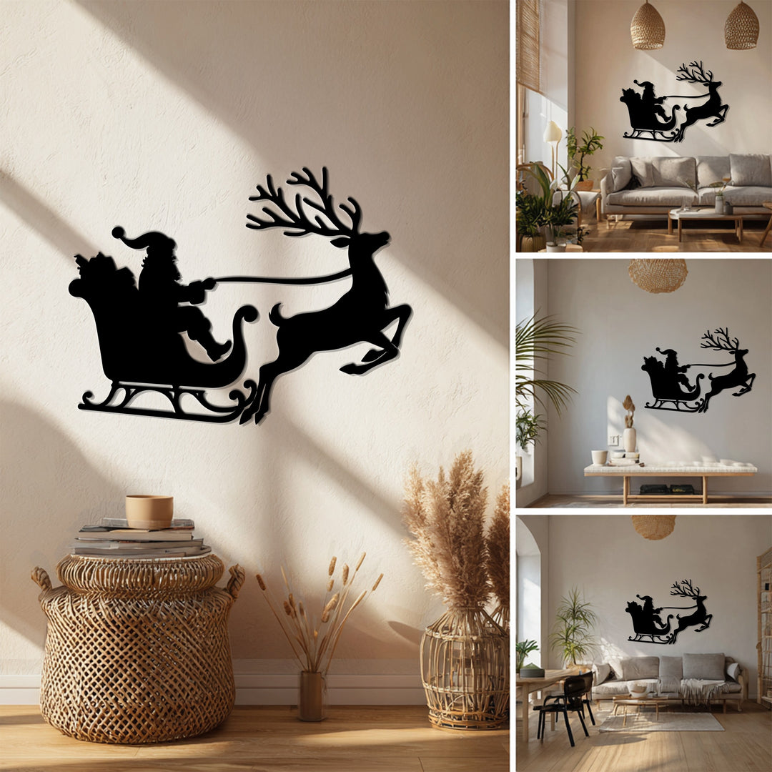 رحلة سانتا على الزلاجة – غزلان عيد الميلاد فن جداري معدني