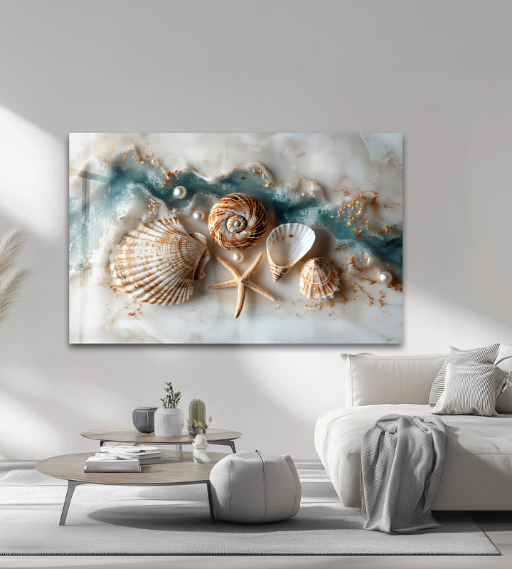 Coastal Treasures – Seashell & Ocean Pearl Glass Wall Art
