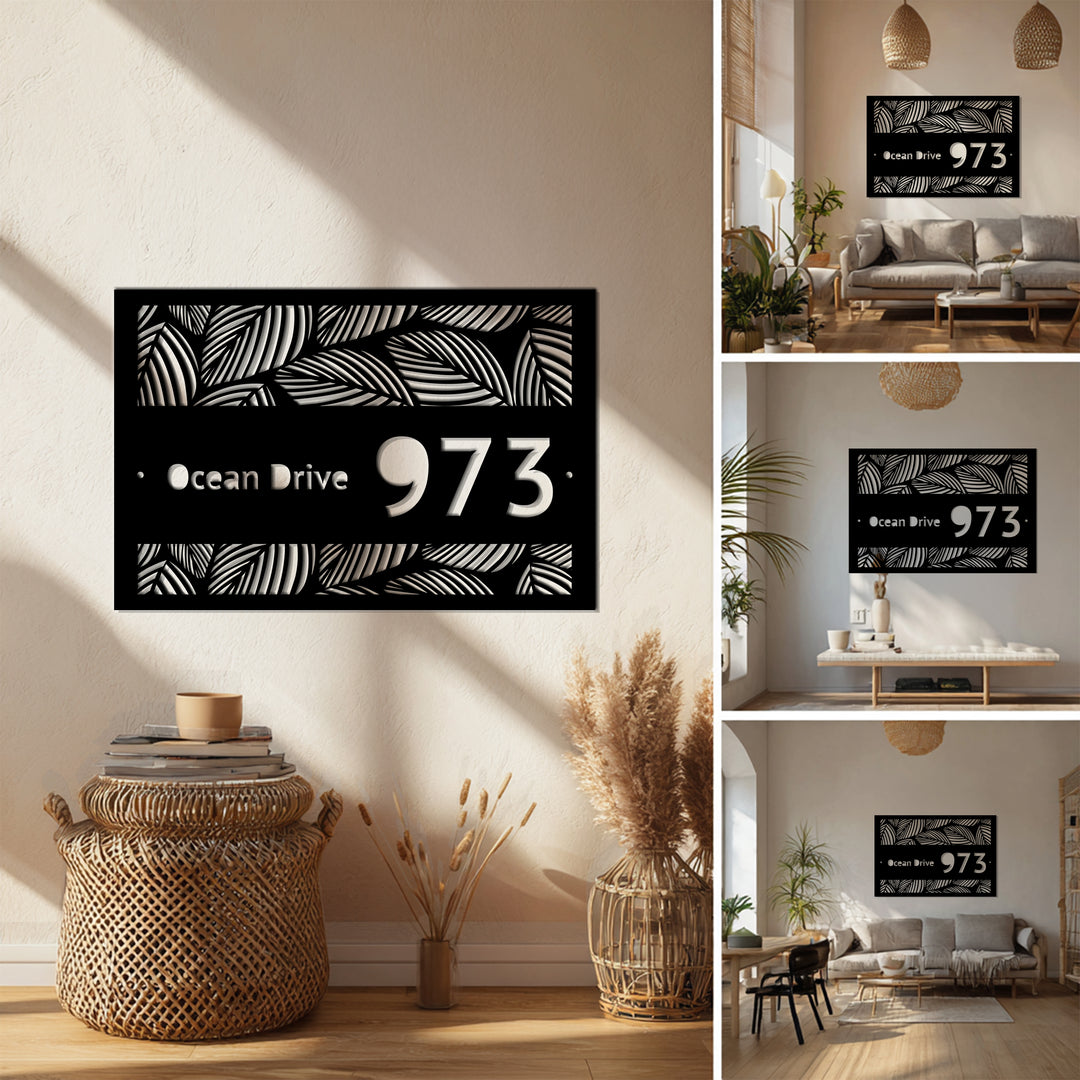 Custom Metal Address Plaque – Tropical Leaf Design House Number Sign