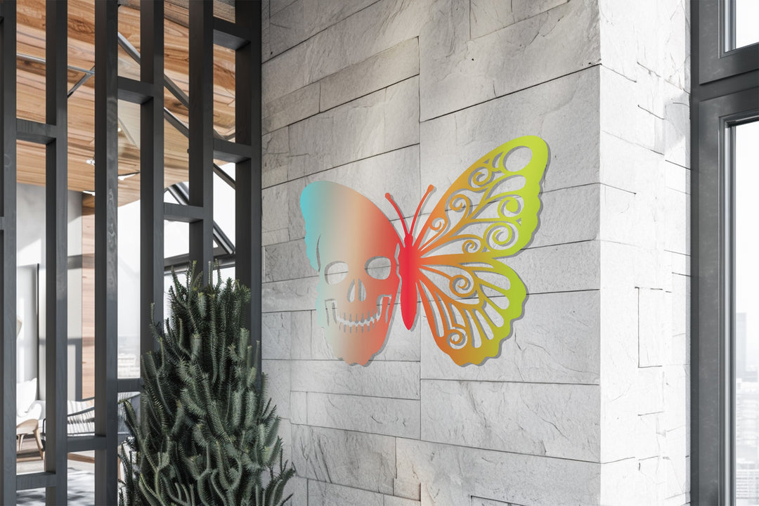 Ethereal Duality Skull Butterfly Metal Wall Art – Colorful Symbolic Design