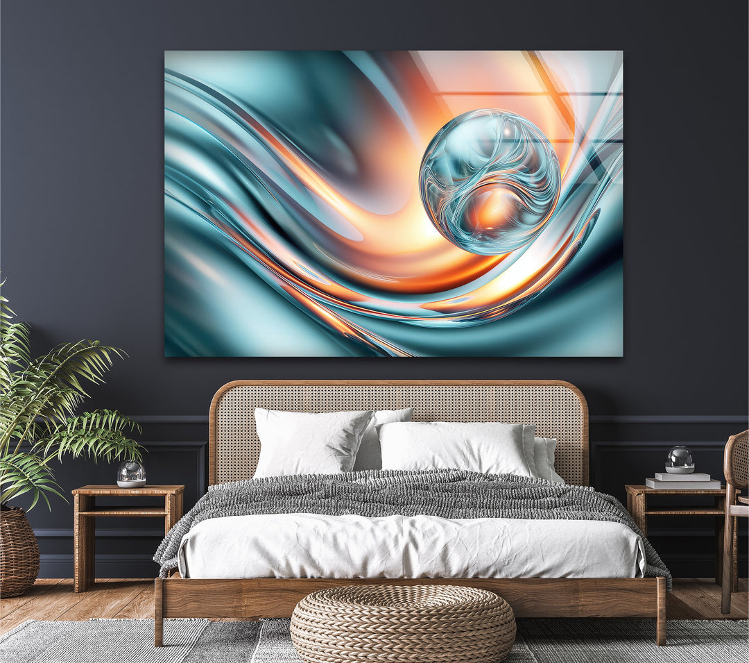 Aqua Ember Orb – Abstract Chrome Wave Glass Wall Art