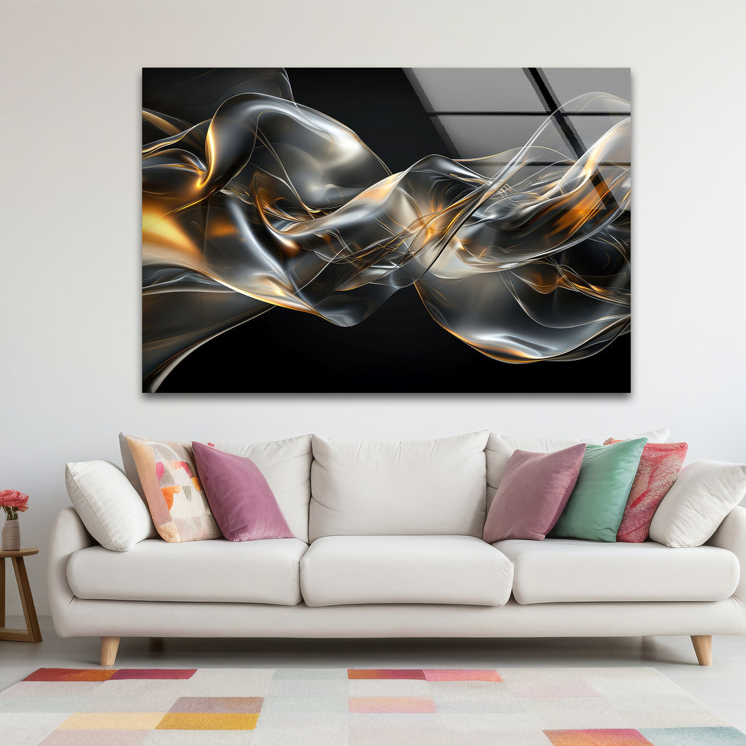 Midnight Ember Drift – Abstract Smoke Gold Glass Wall Art