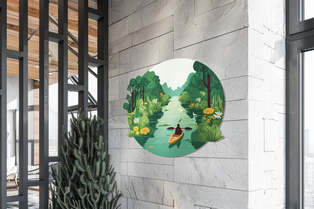 Tranquil Journey – Kayaker in Green Forest River Metal Wall Art