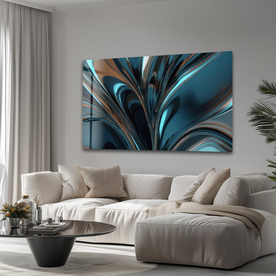 Midnight Aqua Surge – Abstract Teal Chrome Glass Wall Art