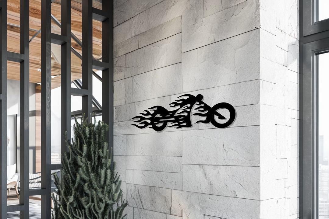 Surface texture of the decorative metal art emphasizes the rugged, stylized flames of the motorcycle wall decor.