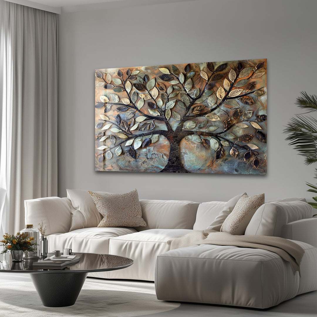 Verdant Bronze Tree – Textured Nature-Inspired Glass Wall Art