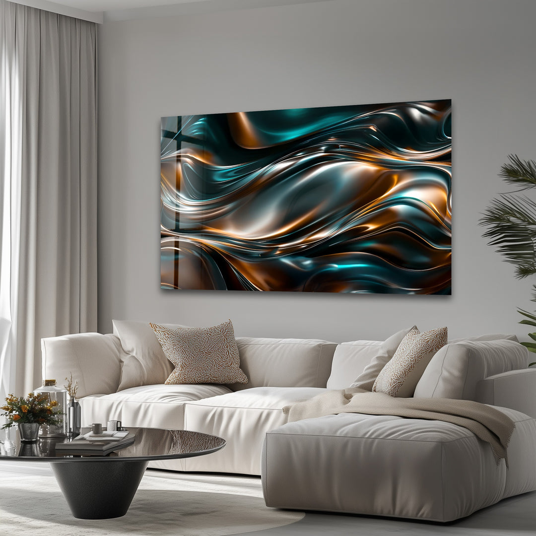 Obsidian Copper Drift – Abstract Metallic Wave Glass Wall Art