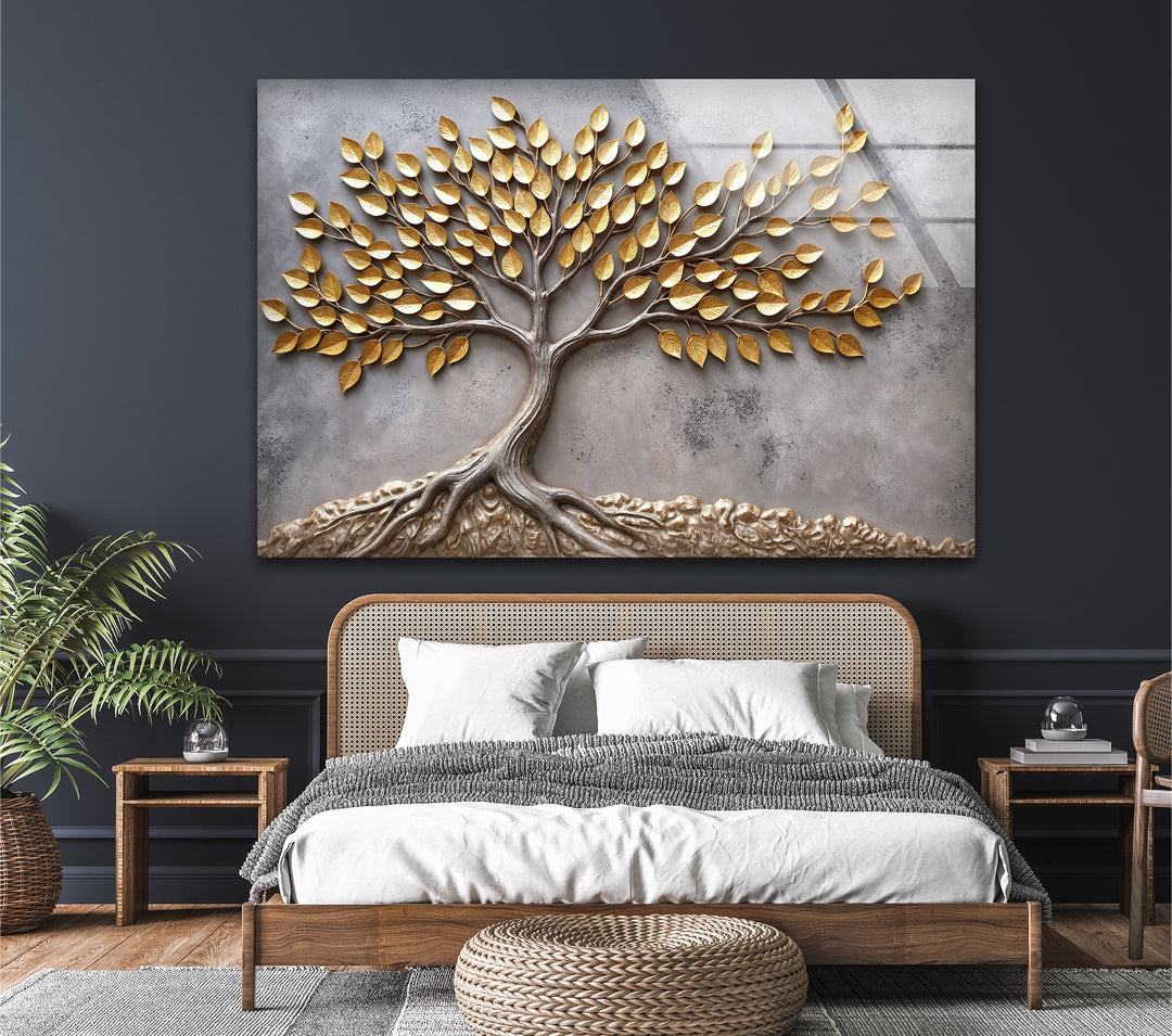 Eternal Roots Gold Harmony – Luxury Tree of Life Glass Wall Art