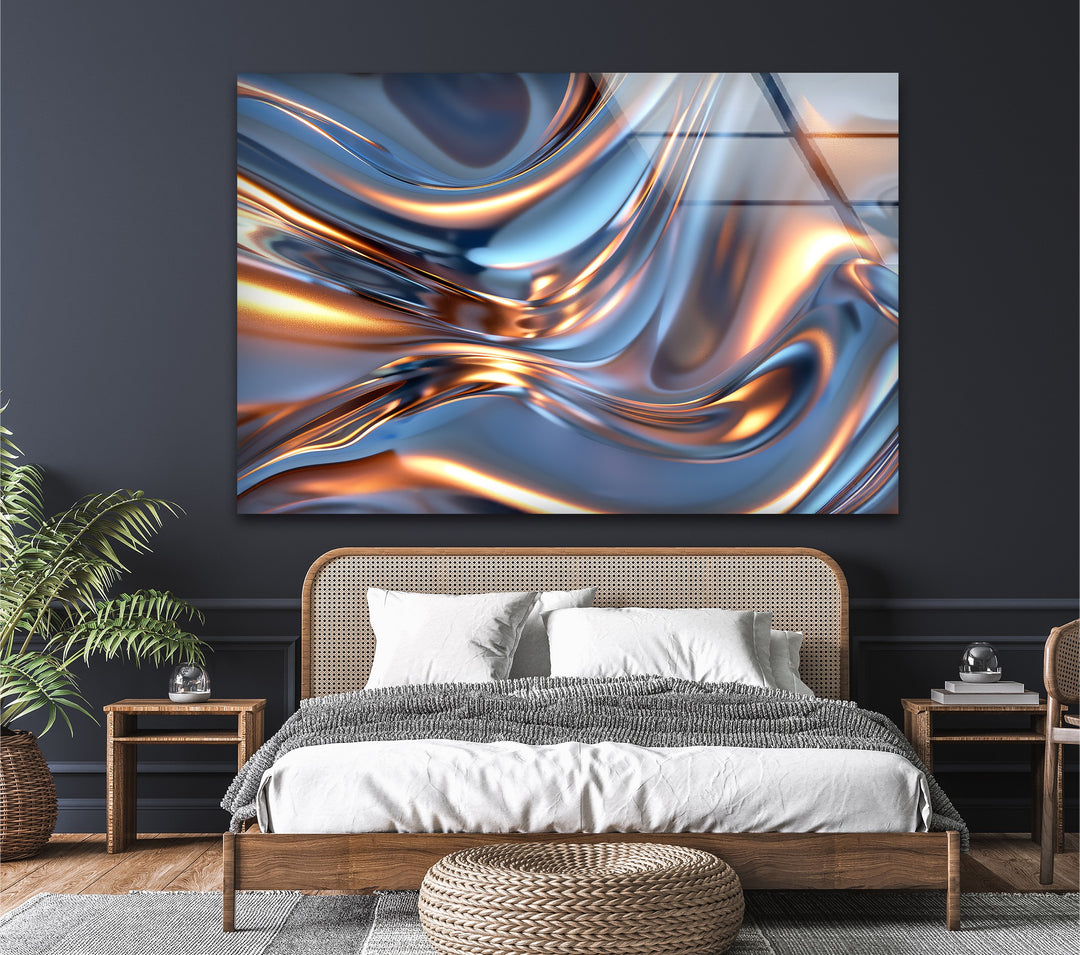 Arctic Ember Alloy – Abstract Silver & Copper Wave Glass Wall Art