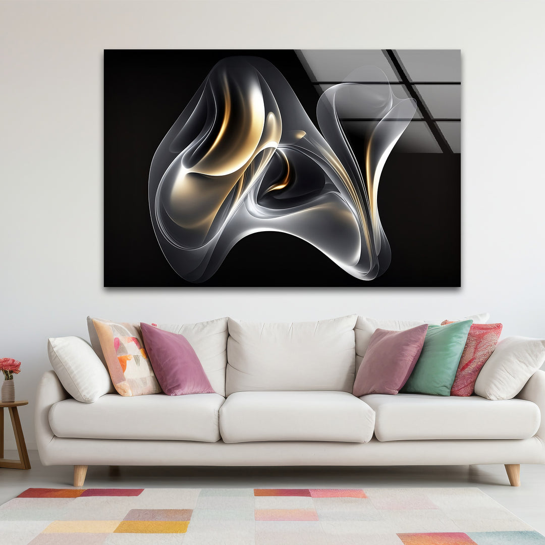 Ethereal Ember Veil – Abstract Smoke Gold Glass Wall Art