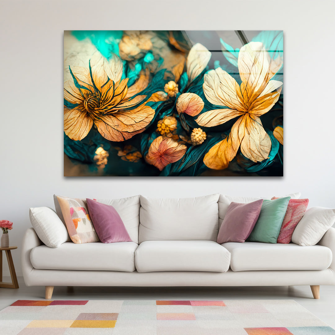 Golden Petal Bloom – Artistic Floral Fantasy Glass Wall Art