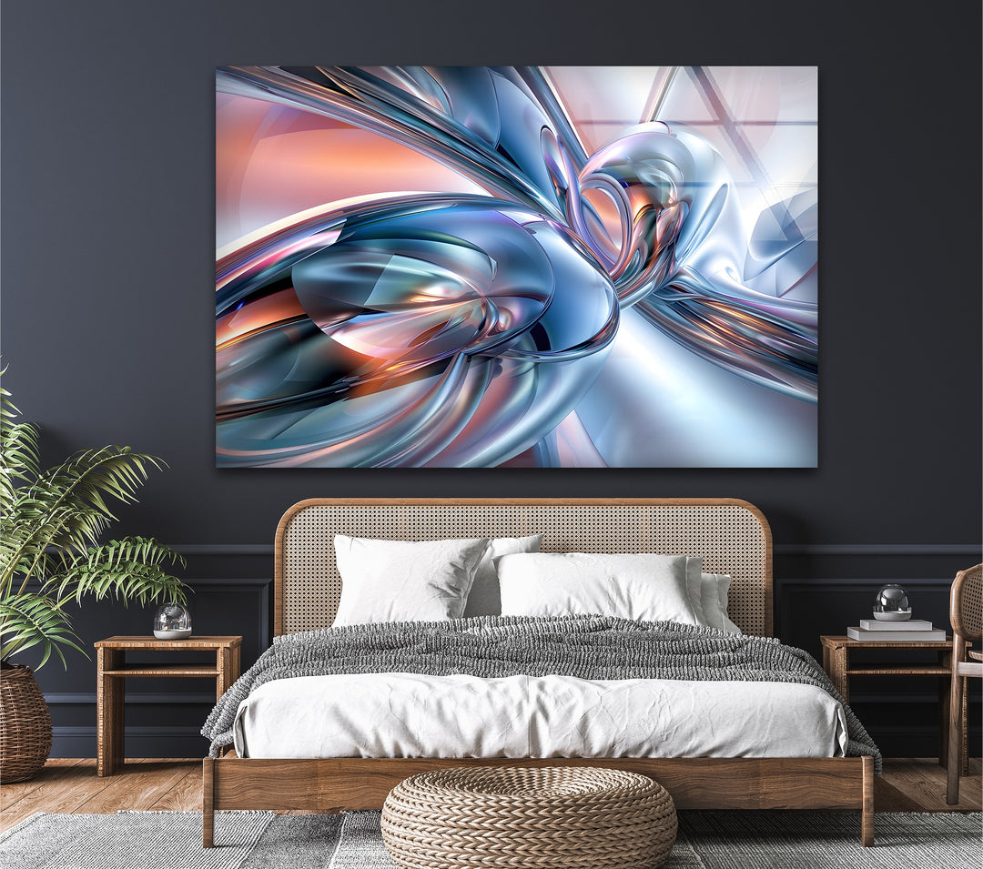 AeroChrome Fusion – Abstract Silver & Sky-Blue Motion Glass Wall Art