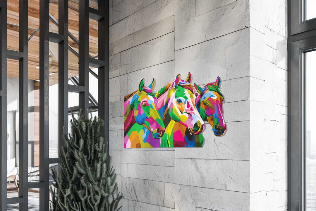 Trio of Horses Metal Wall Art – Vibrant Abstract Animal Wall Decor