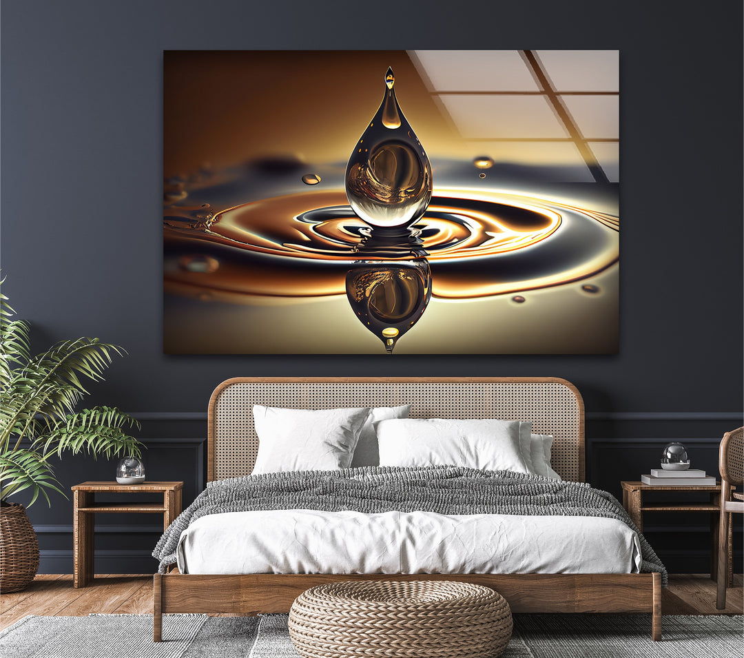 GoldenFlux Droplet Resonance – Liquid Harmony Glass Wall Art