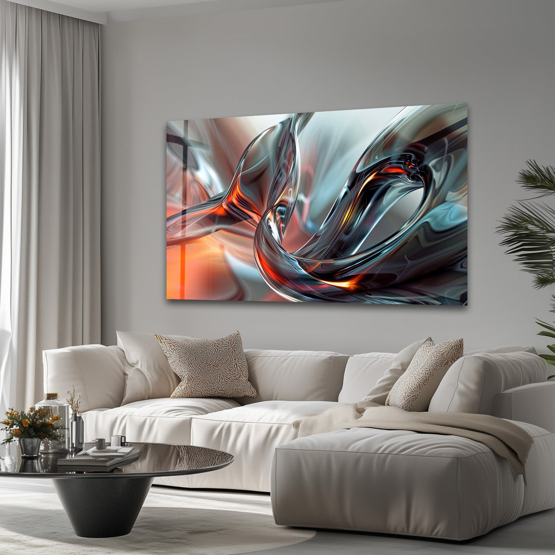 Emberwave Crystal Motion – Abstract Chrome & Fire Glass Wall Art