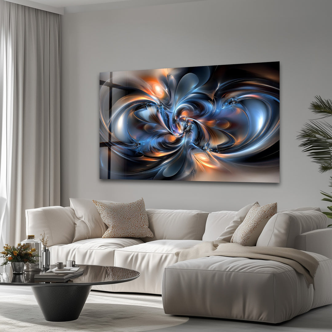 Cosmic Helix Radiance – Abstract Blue & Ember Swirl Glass Wall Art